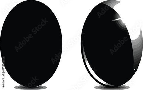 Two black oval shapes with reflective surfaces