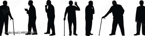 Set of black vector silhouettes of senior men in various poses some with walking sticks for elderly care and aging