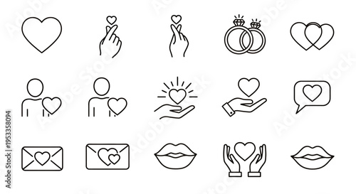 Set of line art icons illustrating love, relationships, and romantic symbols for weddings and affection.