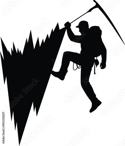 Silhouette of a brave mountain climber with an ice axe scaling a jagged rock cliff to reach the snowy summit peak