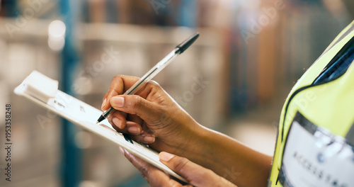 Quadro su tela Logistics, writing and hands with clipboard in warehouse, supply chain and quality assurance report