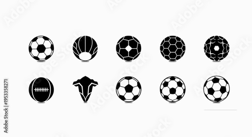diverse collection of black and white sports ball vector icons and emblem for athletic activities and design projects
