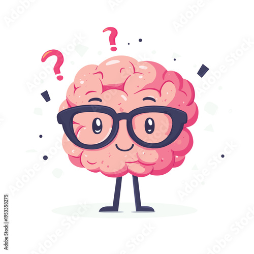 Vector illustration of happy brain character with glasses and question with exclamation mark