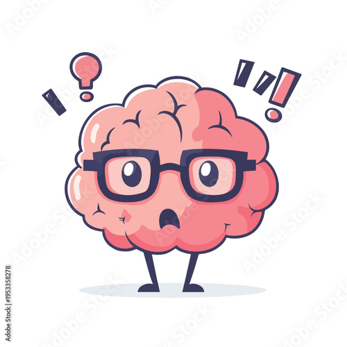 Vector illustration of happy brain character with glasses and question with exclamation mark