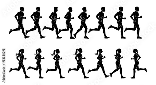 diverse running silhouettes of men and women in motion ideal for fitness sport and exercise concepts.