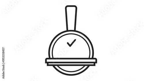 Line art icon depicting a handled circular object with a checkmark inside, resting on a base, resembling a certified stamp or seal of approval.