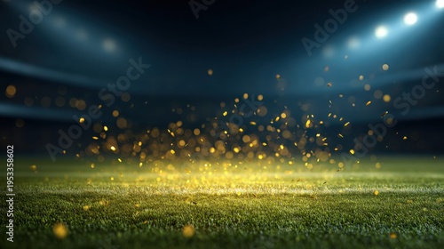Golden Confetti Showers on Sports Field Under Stadium Lights