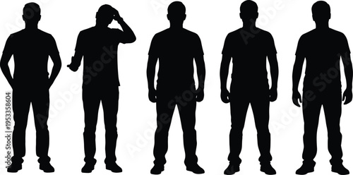 Set of standing man silhouettes, male casual poses, group of guys in t-shirts, human body contours, isolated black character outlines