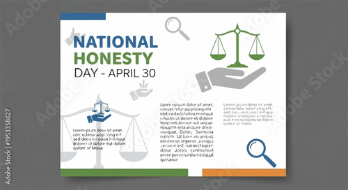 National honesty day poster with scales and magnifying glass on hand