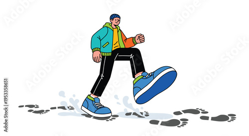 A cartoon character with giant blue shoes and a colorful jacket is shown walking forward, leaving dark footprints on a pristine white surface.