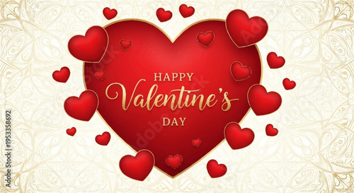 Valentine's day greeting card with big red heart and smaller hearts on beige background festive holiday symbol