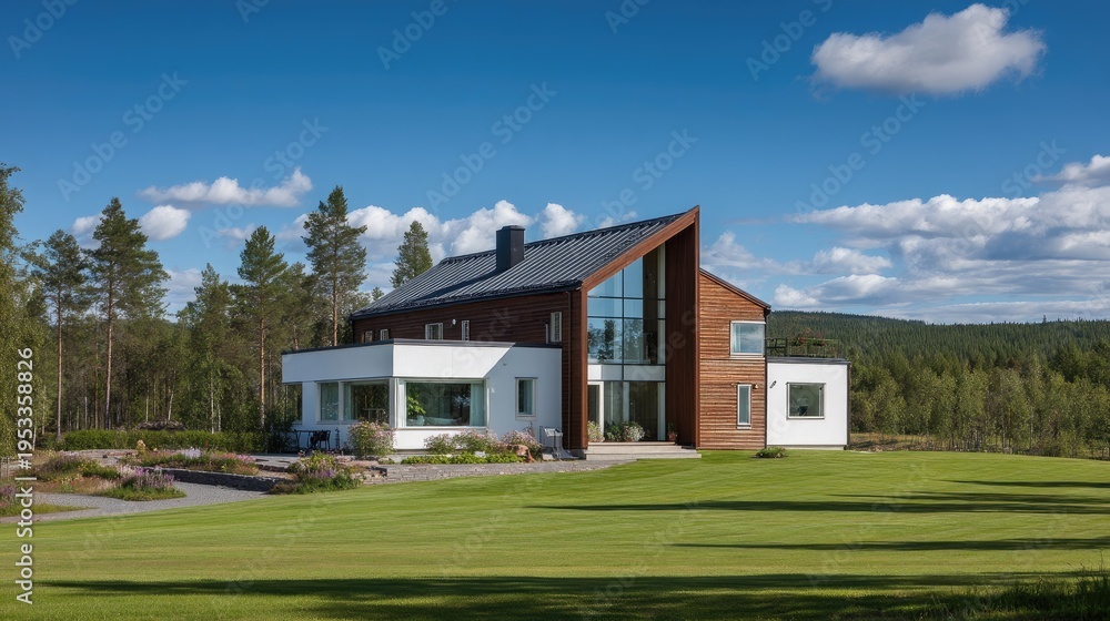 Obraz premium Modern architectural house with wooden elements, large windows, and scenic landscape in bright daylight, surrounded by lush greenery and blue sky