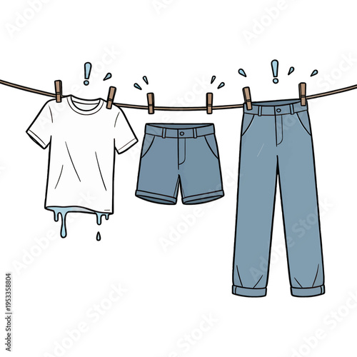 Laundry Icons Vector Illustration, Wet Clothes Drying on Line, Isolated Design for Apps and Interfaces
