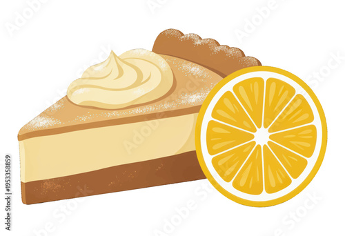 Lemon Pie Dessert Illustration Vector, Layered Cake Slice with Cream Topping and Citrus Fruit, Isolated for Food and Beverage Menus