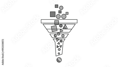 Grayscale icon depicting a funnel processing various geometric shapes from many to few, symbolizing data filtering, selection, or optimization.