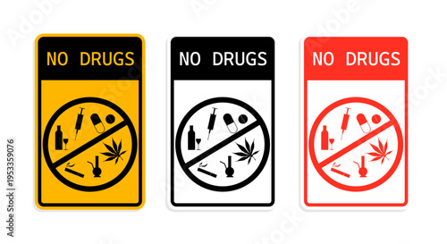 Set of warning icons prohibiting drug use, International Say No to Drugs Day campaign.