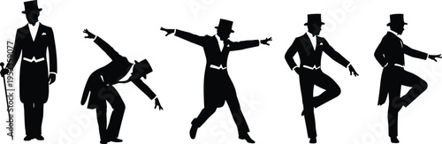 Vintage gentleman silhouettes, man in top hat and tailcoat, retro performer poses, magician dancer figures, classic formal wear character outlines