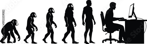 Black silhouette illustration of human evolution progression from ape ancestor to modern computer user, humorous artwork showing technological dependence and cultural development