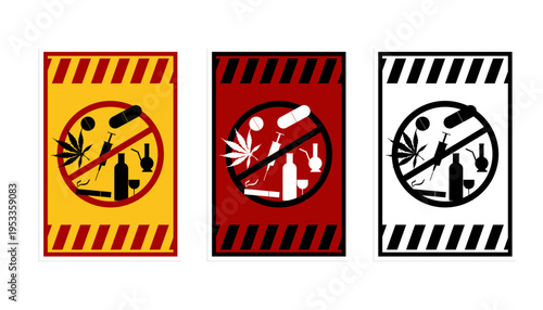 Set of warning icons prohibiting drug use, International Say No to Drugs Day campaign.