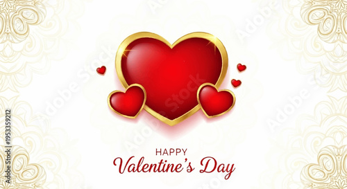 Valentine's day greeting card with red hearts and gold accents on white background