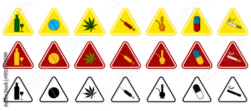 Drug prohibition icon set, International Say No to Drugs Day campaign.