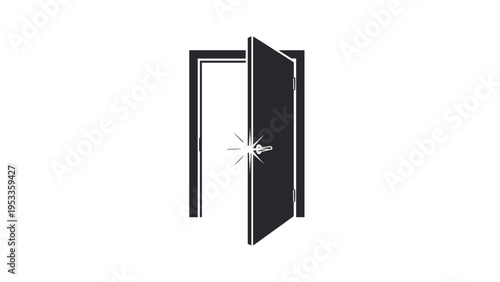 Striking black and white icon of an open door with a gleaming doorknob, representing new opportunities, entry, or a way forward.