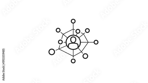 Line art icon illustrating a central person connected to surrounding circles in a web-like structure, symbolizing a network, user, or social connections.