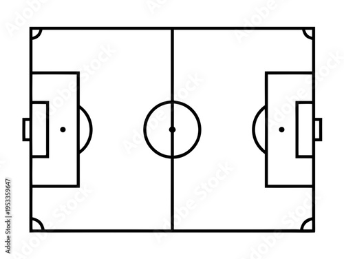 Minimalist Black Line Art Vector Illustration of a Professional Football Soccer Pitch Top Down Blueprint Layout with Penalty Areas and Goalmouths, Set on transparent Background.