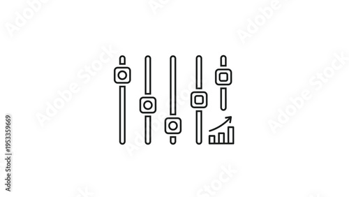 Line art icon illustrating five vertical slider controls next to a rising bar graph, symbolizing parameter adjustments or settings influencing growth.