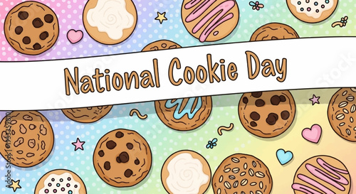 National cookie day celebration with assorted decorated chocolate chip cookies on colorful background