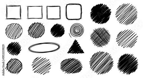 hand drawn sketchy abstract shapes and doodle elements set illustrating various line styles on white for creative design projects.