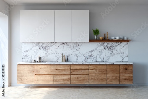 Modern kitchen with white cabinets and wooden base units.