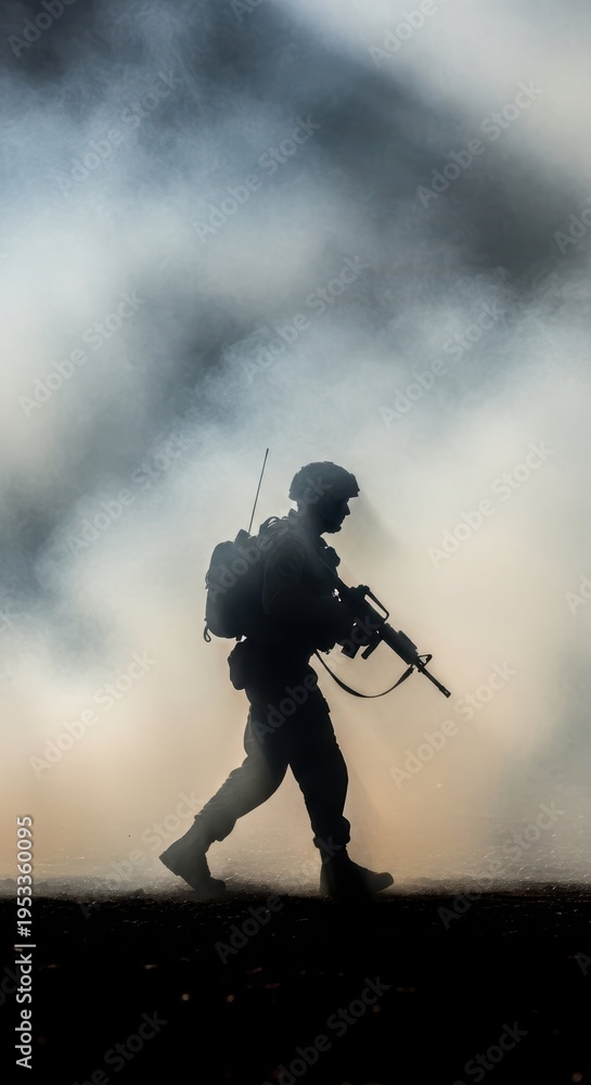 Naklejka premium Soldier in Silhouette Walking Through Smoke in Dramatic Scene