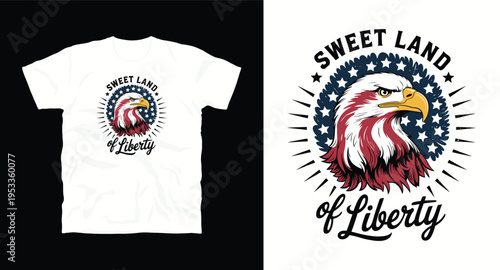 Sweet land of liberty patriotic eagle illustration with american flag stars and stripes background for fourth of july
