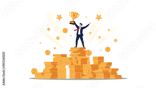 Successful businessman celebrating a victory while standing on a massive pile of gold coins and holding a golden trophy cup in the air.