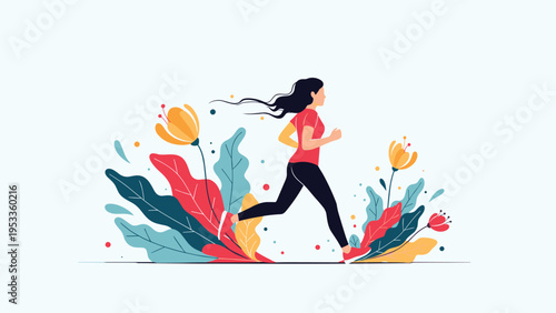 Active young woman enjoying morning jog through field of vibrant flowers and colorful leaves representing healthy lifestyle and fitness.