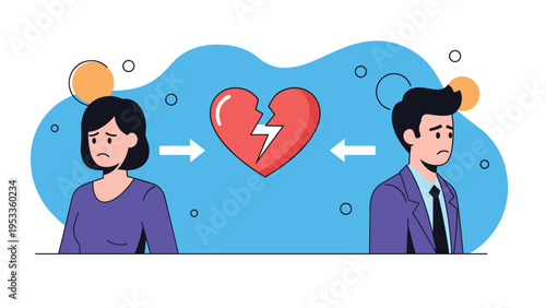 Sad man and woman standing apart with broken heart symbol between them illustrating relationship problems, divorce, or painful breakup.