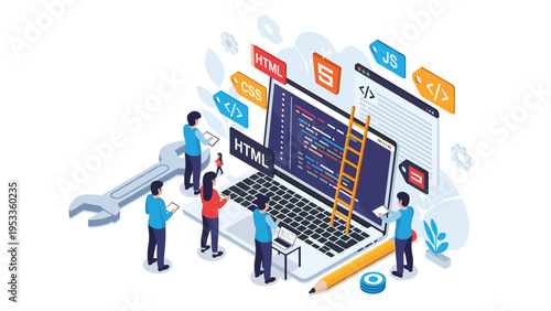 Web developers and programmers working together around giant laptop with code on screen and various programming language tags floating.