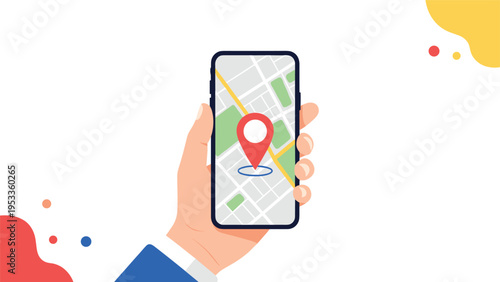 Human hand holding modern smartphone displaying city map with red location pin indicator for navigation and GPS tracking services.