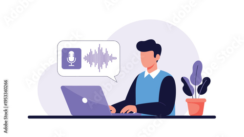 Focused male employee using laptop computer to record or listen to voice messages represented by audio waveform in speech bubble icon.