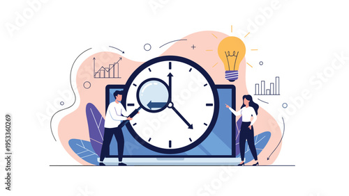 Business professionals analyzing time management and productivity using large clock and magnifying glass on laptop computer screen.