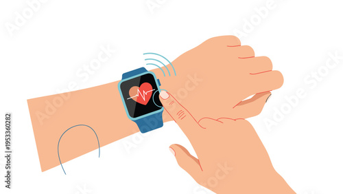 Close up view of person wearing blue smartwatch on wrist showing red heart rate monitor and pulse graph during fitness activity.