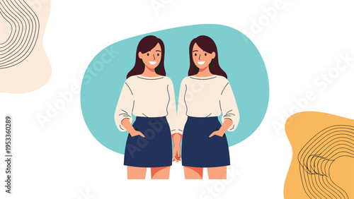 Two identical twin sisters with brown hair wearing white tops and blue skirts holding hands and smiling together against abstract background.