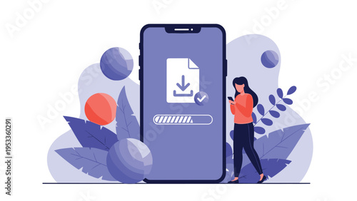 Young woman standing near giant smartphone screen showing file download progress bar and checkmark icon while using her own mobile device.