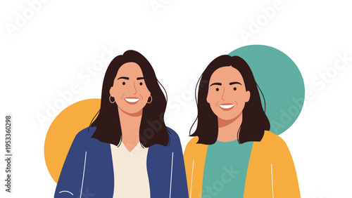 Pair of cheerful female friends or colleagues smiling together against abstract colorful background circles representing friendship and unity.