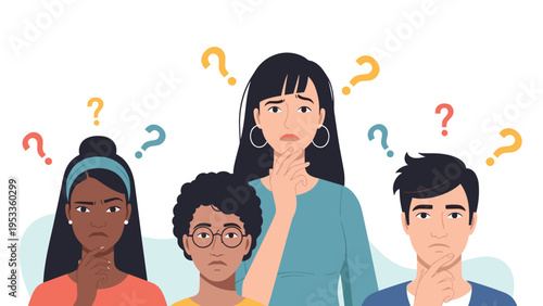 Group of four diverse people of different ages and ethnicities looking thoughtful and confused with colorful question marks above them.