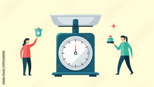 Diet and food measurement concept with people holding healthy food items next to a large mechanical kitchen scale.
