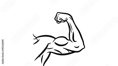 Powerful flexed arm bicep muscle black and white line drawing representing strength and fitness achievement.