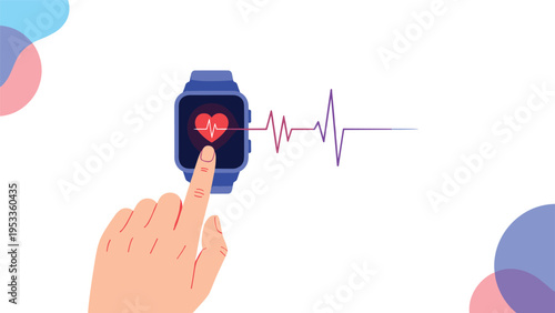 Health tracking technology showing a finger touching a smartwatch screen with a heart rate pulse icon and wave.