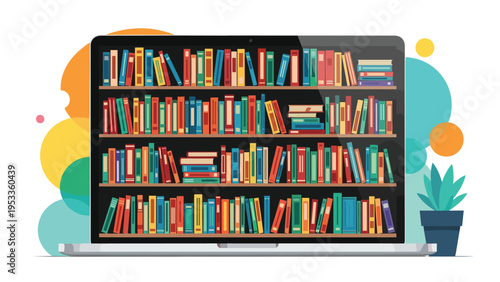 Digital library and online education concept showing a laptop screen transformed into a bookshelf full of books.